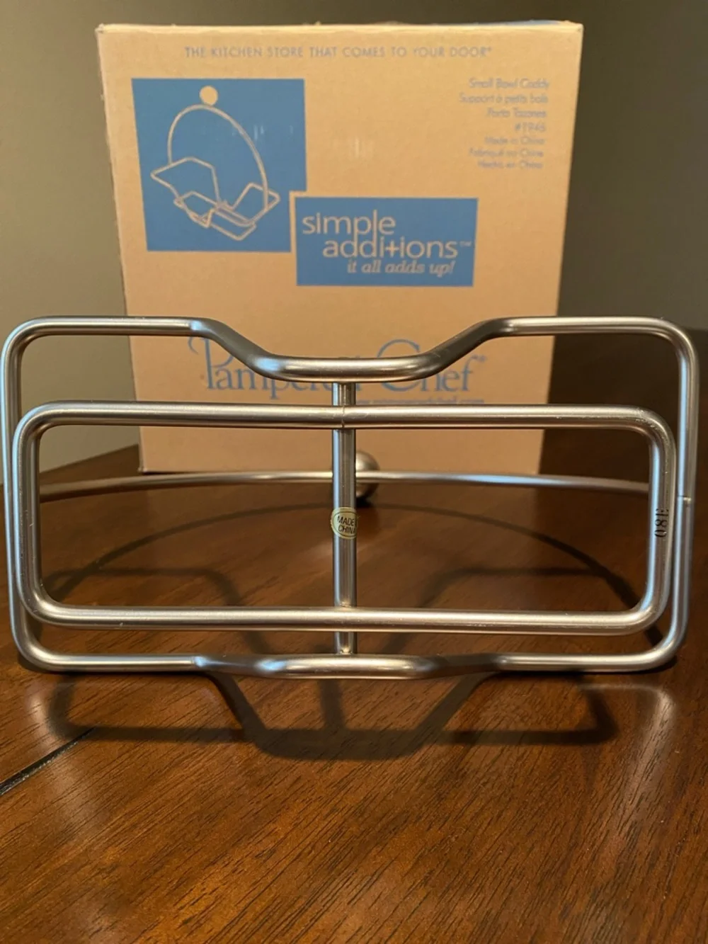 NIB- The Pampered Chef White Ceramic Double Serving Dishes w/ Silver Metal Stand